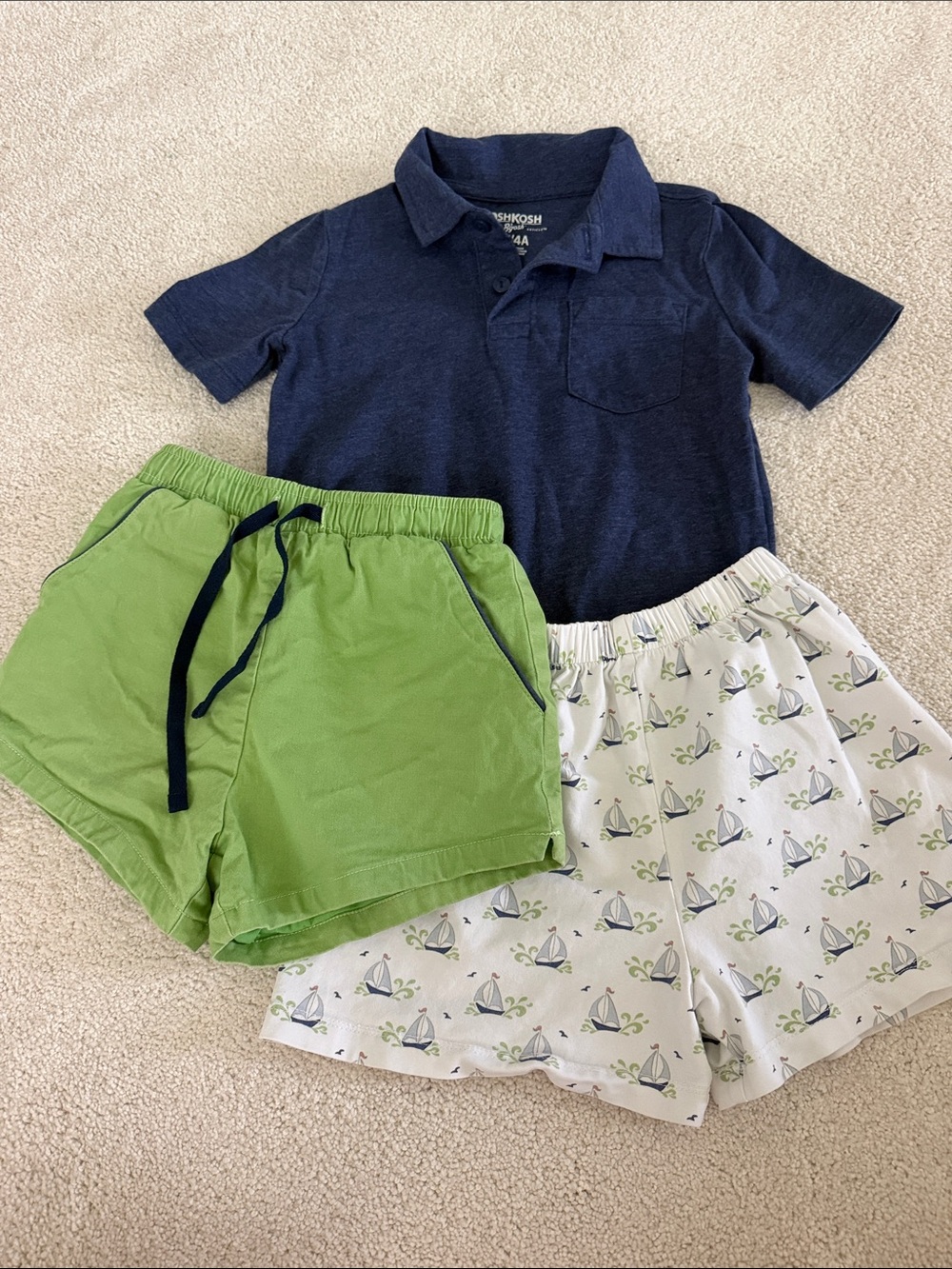 Preppy Navy Polo with Green and White Sailboat Shorts Set. Shrimp and Grits Kids